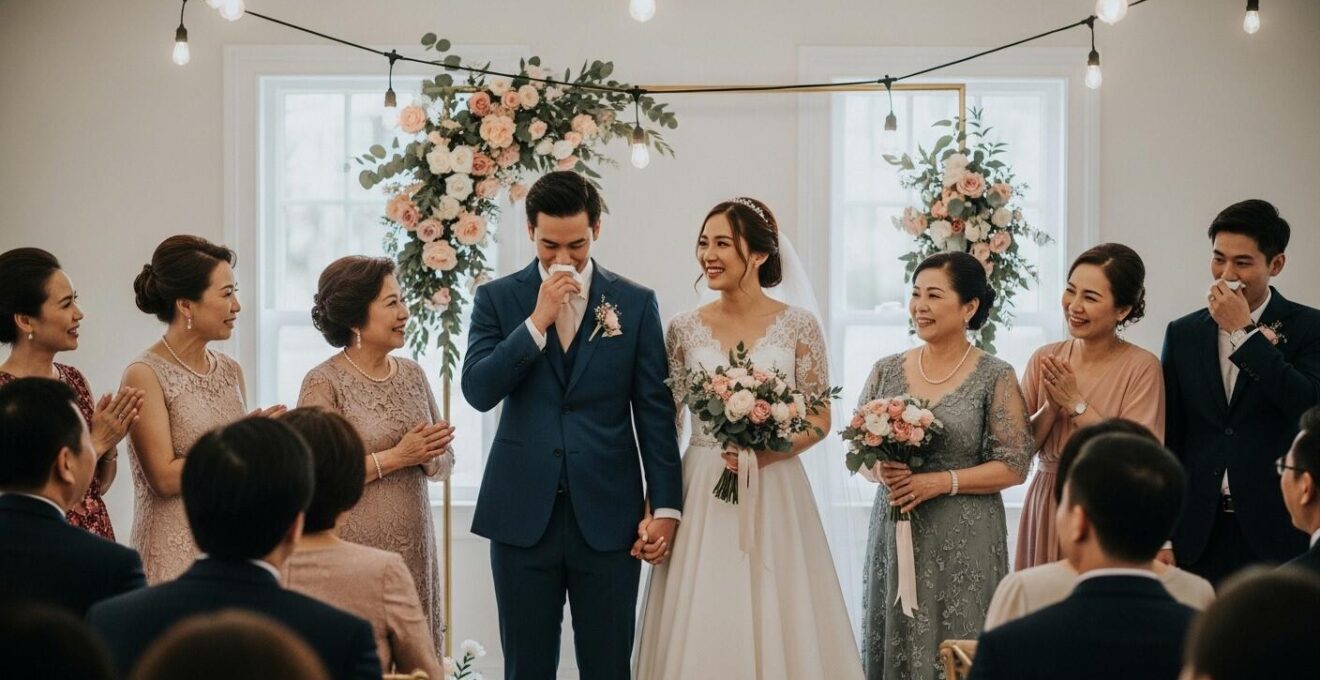 Photo réaliste d'un mariage émouvant avec des invités captivés et une ambiance chaleureuse