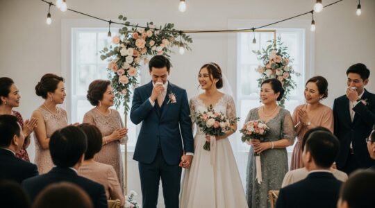 Photo réaliste d'un mariage émouvant avec des invités captivés et une ambiance chaleureuse