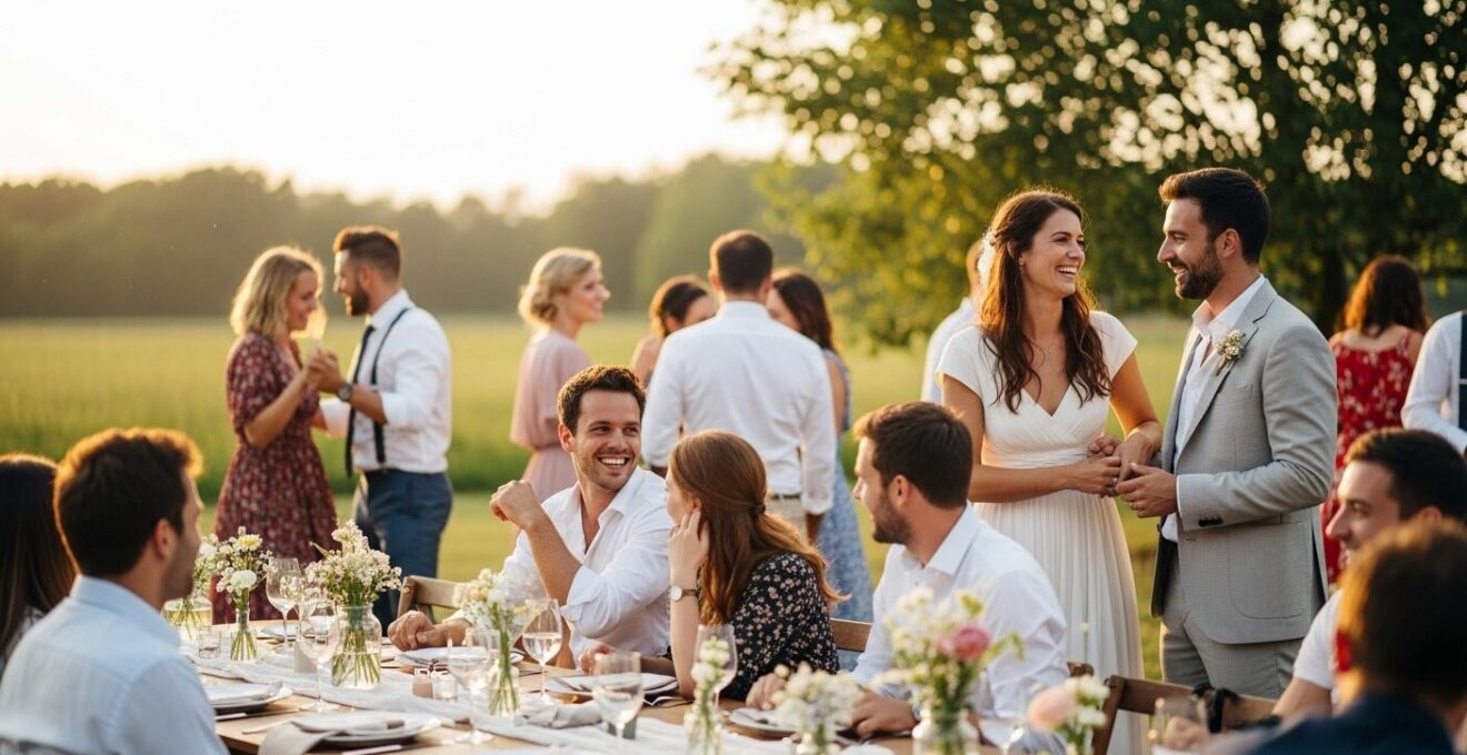 Scène d’un mariage détendue avec invités souriants et décor simple mais élégant en extérieur