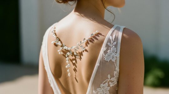 Photographie d'une mariée élégante montrant un bijou de dos unique mettant en valeur son style
