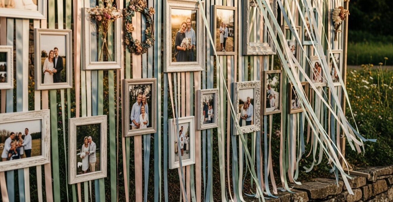 Mur photo décoré avec rubans colorés et photos de mariage, ambiance champêtre intimiste