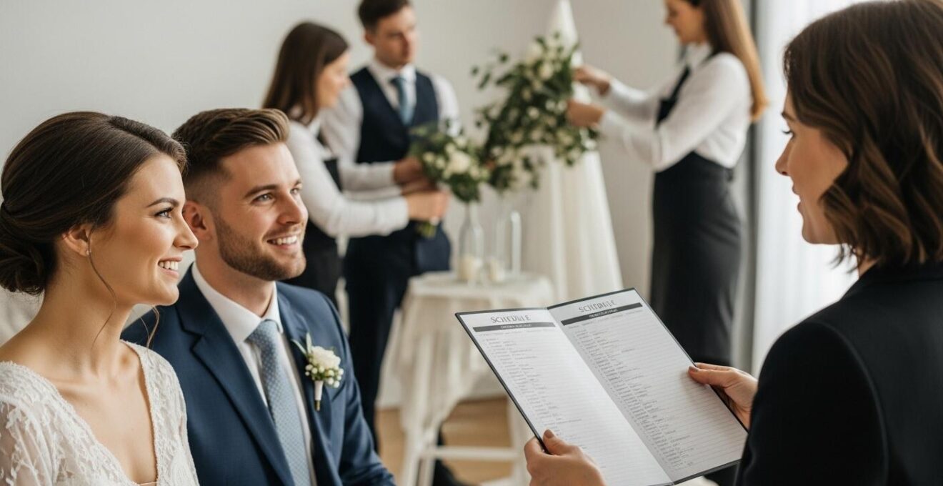 Photographie réaliste d'un couple de mariés et de leur équipe organisatrice coordonnant une journée de mariage avec planning détaillé en arrière-plan