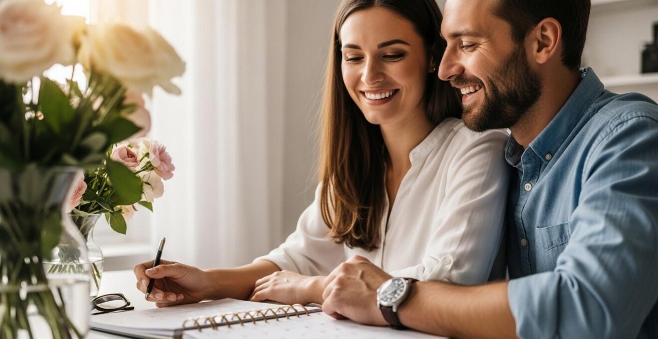 Couple de futurs mariés souriants, entourés d'éléments d'organisation comme un calendrier et un bouquet de fleurs, ambiance lumineuse et paisible