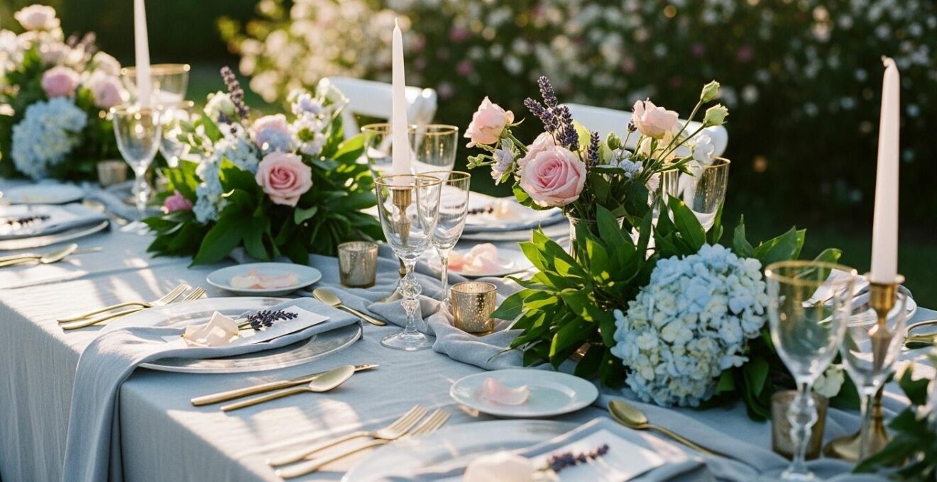 Table de mariage décorée avec des compositions florales pastel, dorées et vert émeraude sur fond naturel.