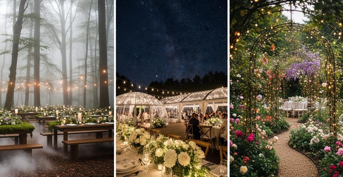Photographie réaliste d’un panel de décors de mariage inspirés par la forêt, le ciel étoilé et un jardin secret.