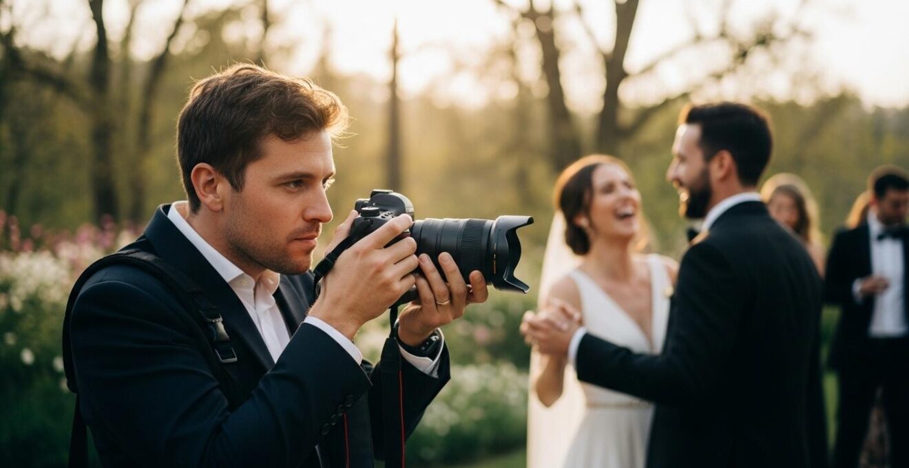Photographie réaliste d'un photographe prenant des photos spontanées d'un couple en joie lors d'un mariage