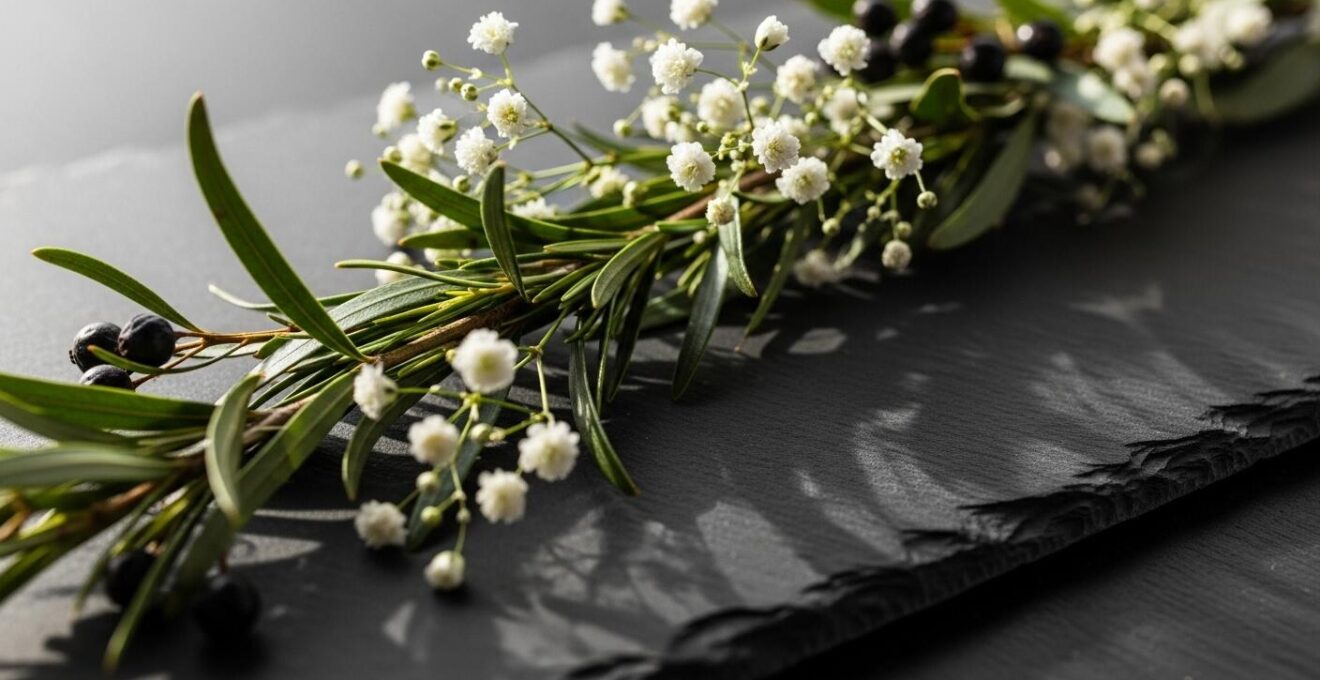 Close-up d’un plan de table de mariage artistique sur ardoise orné de fleurs et éléments décoratifs