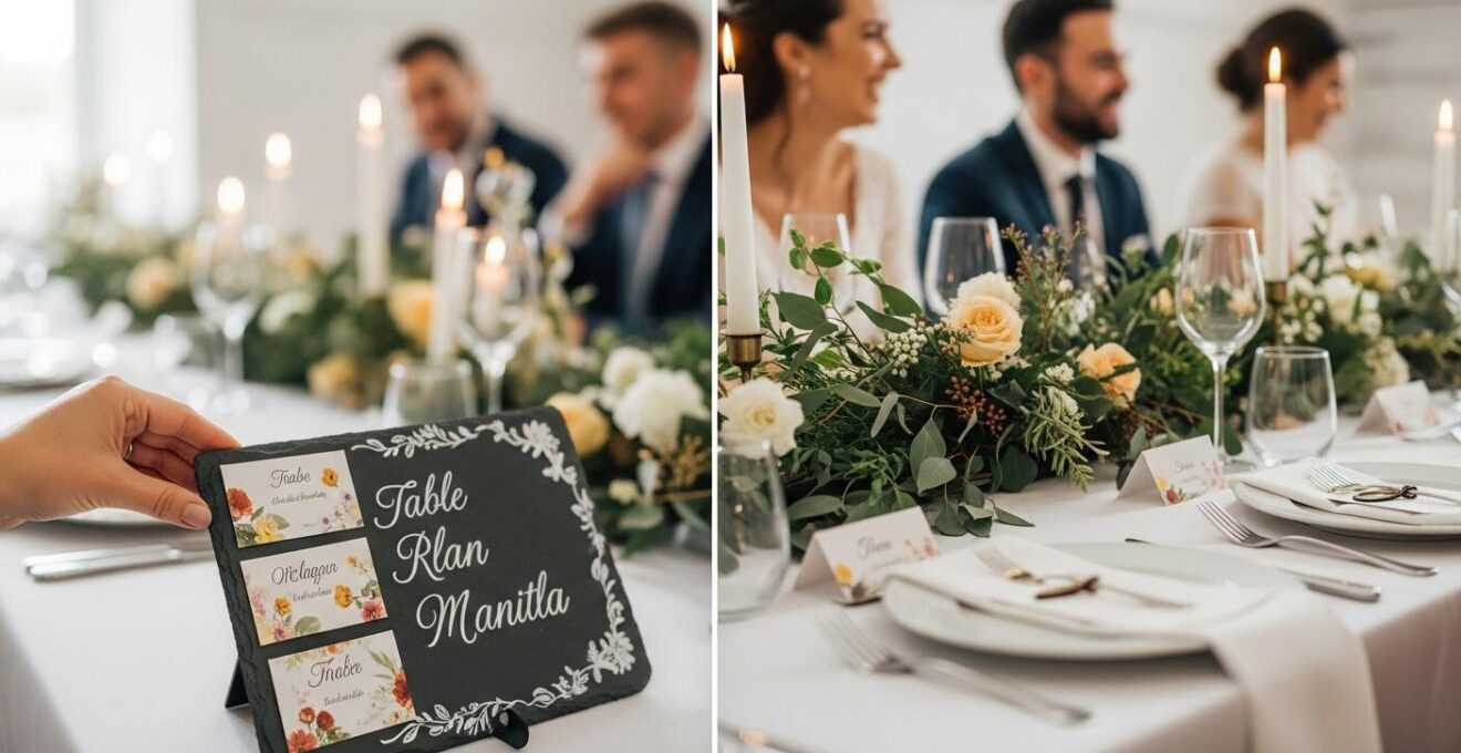 Photographie réaliste d'une table de mariage chaleureuse avec un plan de table décoratif à l'avant