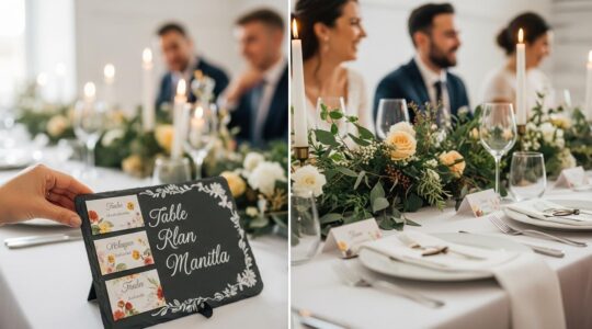 Photographie réaliste d'une table de mariage chaleureuse avec un plan de table décoratif à l'avant