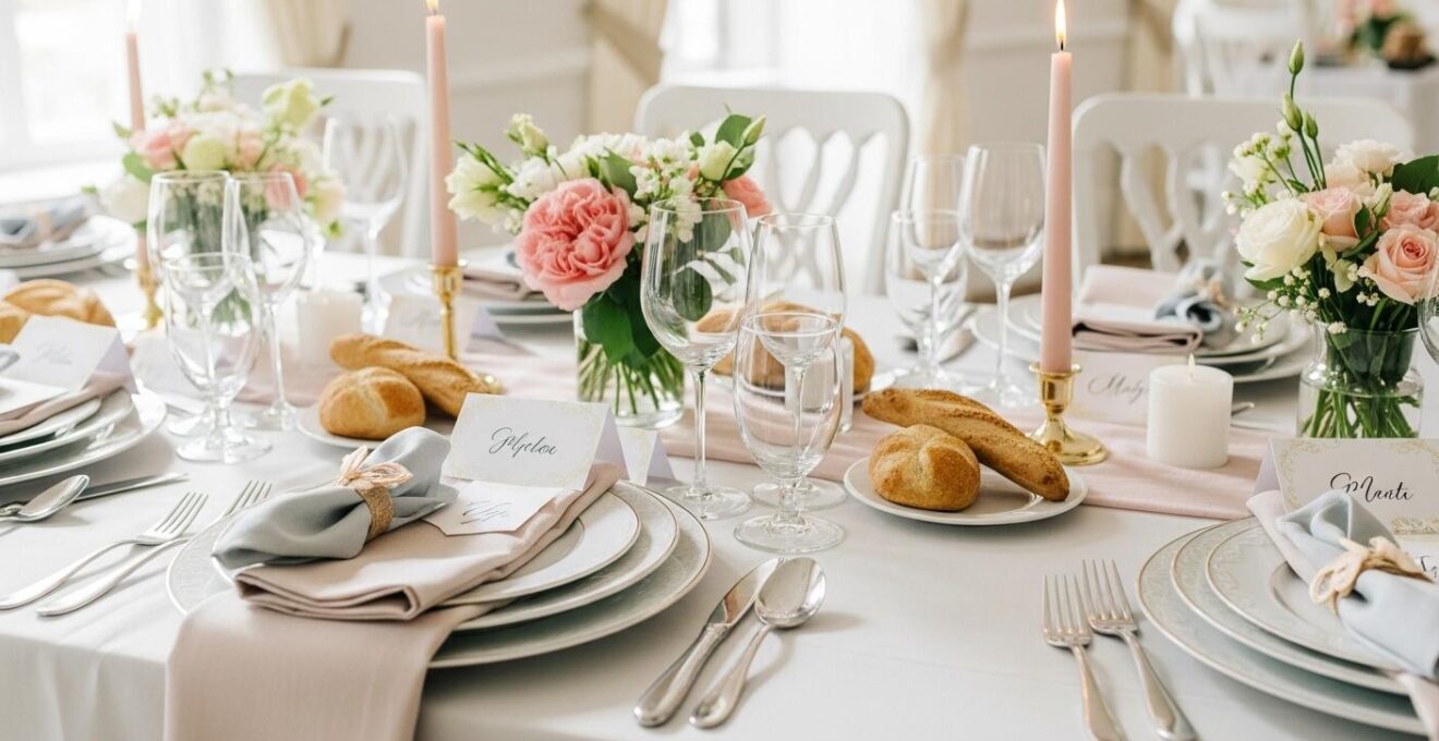 Vue en plongée d'une table de mariage élégamment dressée, montrant une superposition d'assiettes, marque-places personnalisés, serviettes pliées et détails décoratifs raffinés