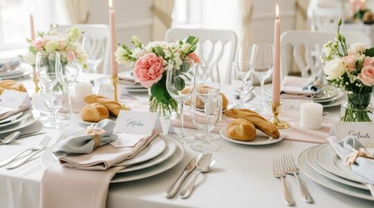 Vue en plongée d'une table de mariage élégamment dressée, montrant une superposition d'assiettes, marque-places personnalisés, serviettes pliées et détails décoratifs raffinés