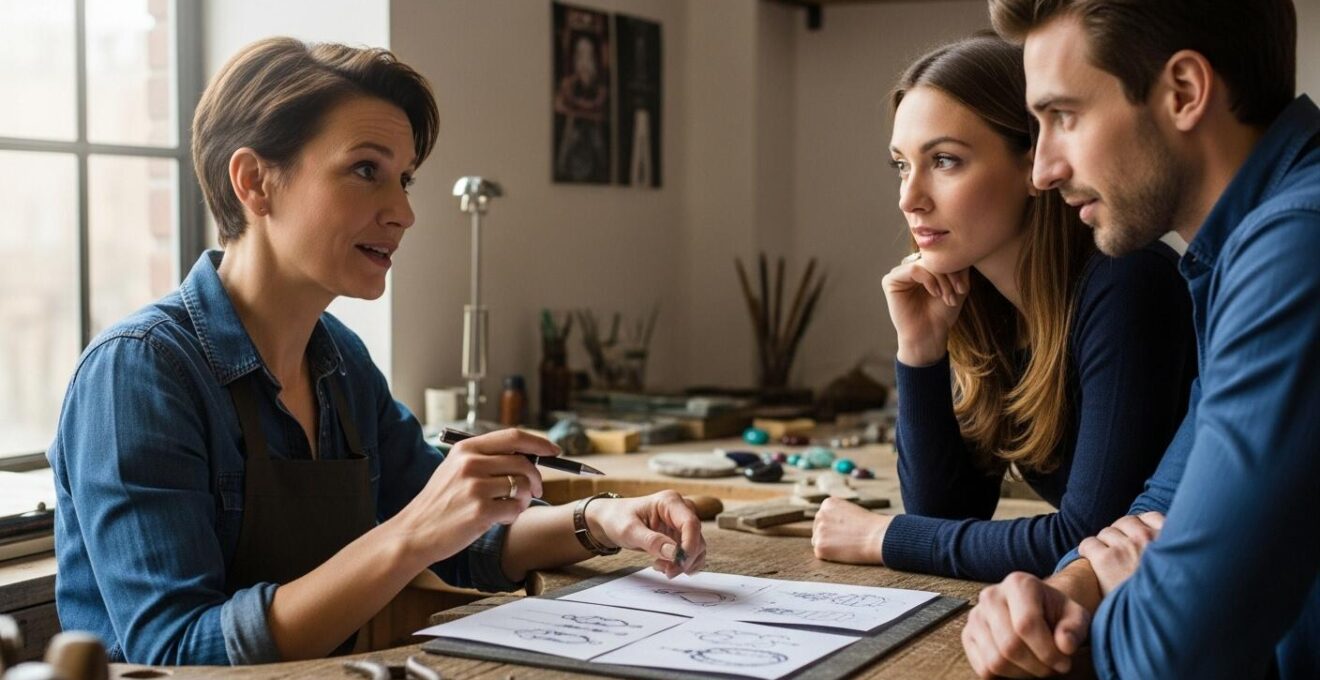 Photographie d'un créateur joaillier en plein travail dans son atelier avec un couple en consultation.