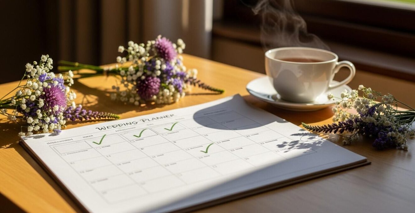 Calendrier de mariage avec tâches cochées, posées sur une table avec une tasse de thé et des fleurs