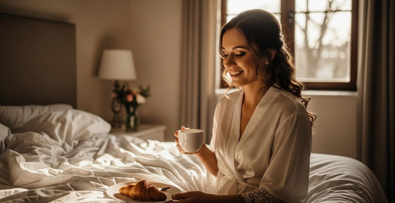 Mariée sereine prenant un petit-déjeuner calme et lumineux le matin du mariage