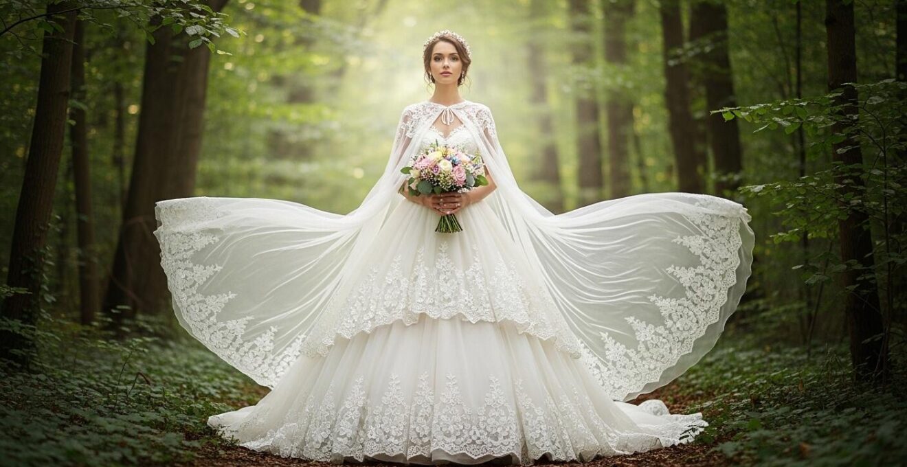 Jeune mariée en robe volumineuse, inspirée des contes de fées, pose dans une clairière boisée.