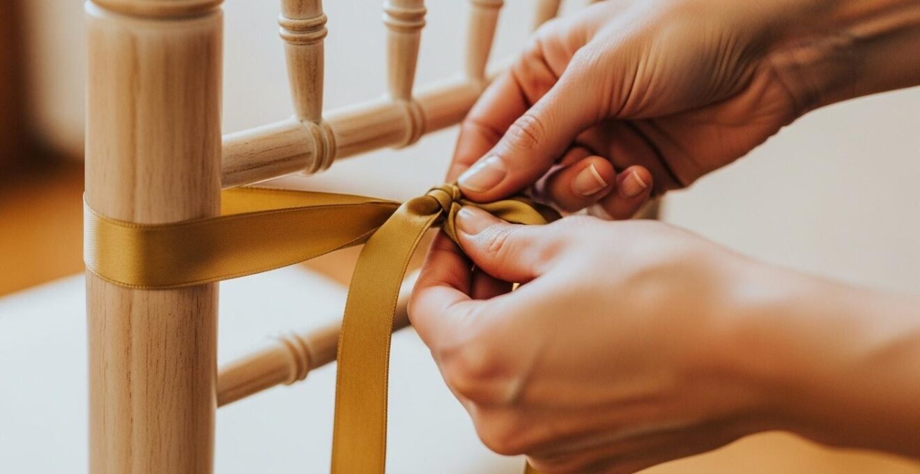 Photographie détaillée d’une main attachant un élégant ruban doré sur une chaise de mariage.