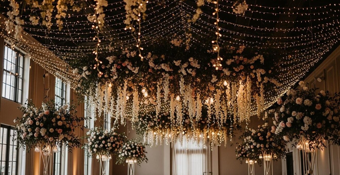 Salle de réception de mariage élégamment décorée avec des fleurs suspendues, guirlandes lumineuses et éclairage doux.