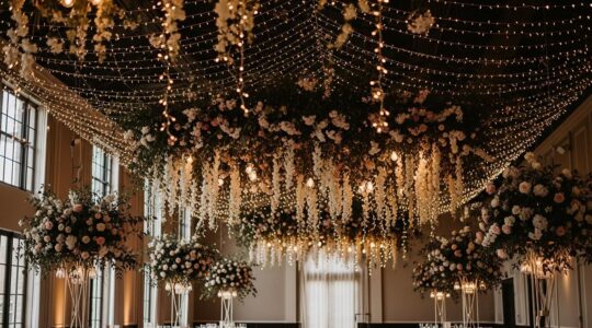 Salle de réception de mariage élégamment décorée avec des fleurs suspendues, guirlandes lumineuses et éclairage doux.