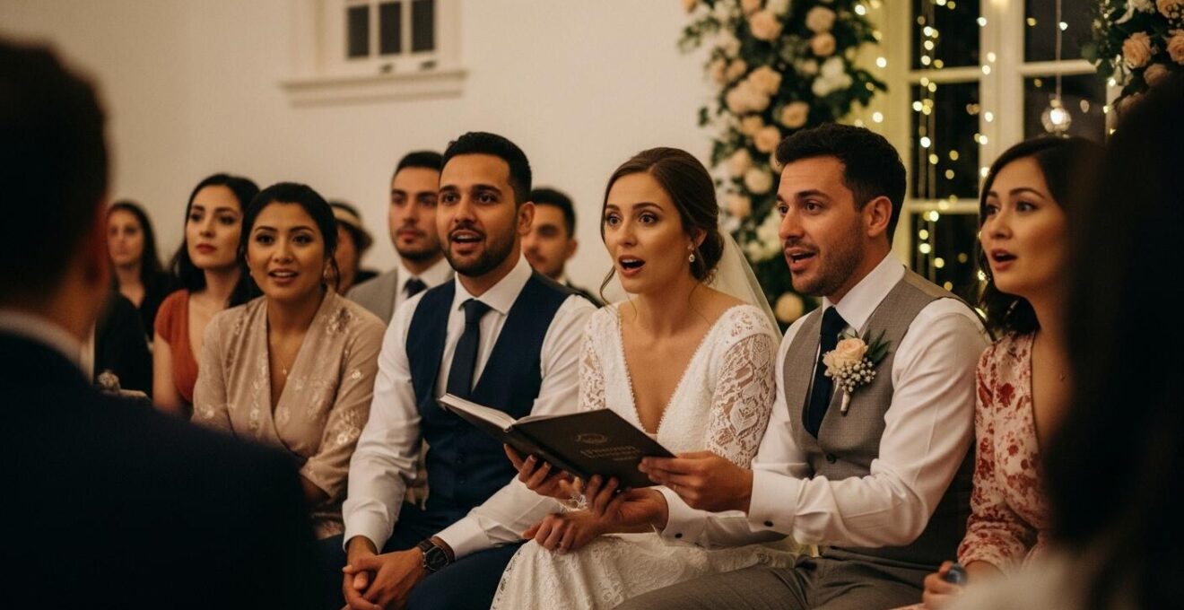 Moment d’une cérémonie de mariage avec des invités captivés écoutant une narration ou un spectacle