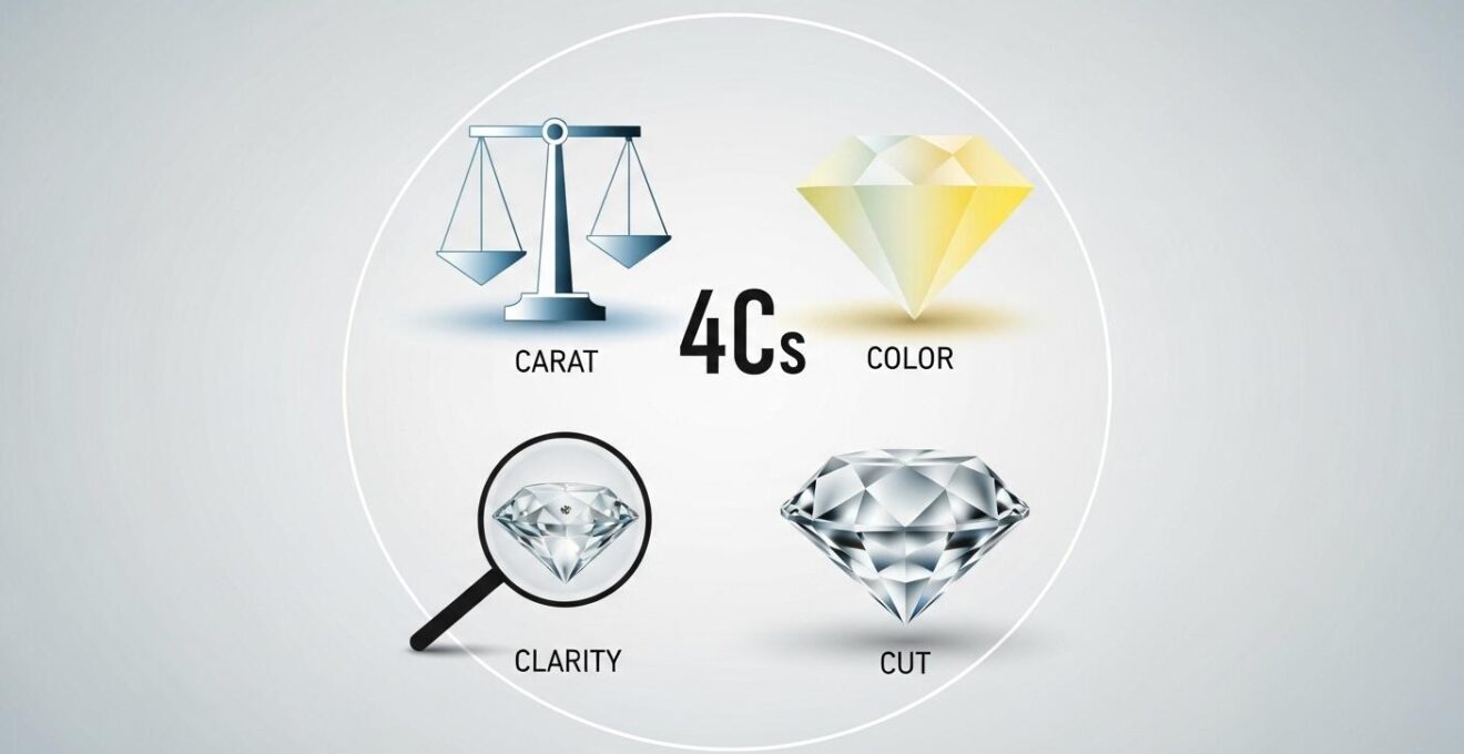 Schéma explicatif des 4C du diamant avec icônes représentant Carat, Couleur, Pureté et Taille