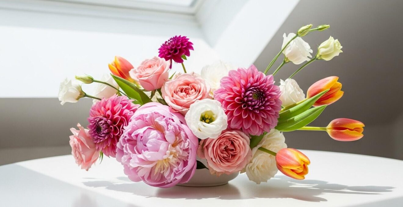 Photographie en style studio haute définition de pivoines, roses, dahlias, lisianthus et tulipes.