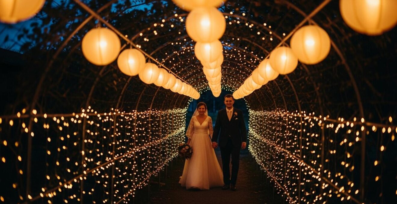 Couple de mariés sortant sous des lanternes et guirlandes lumineuses dans la soirée