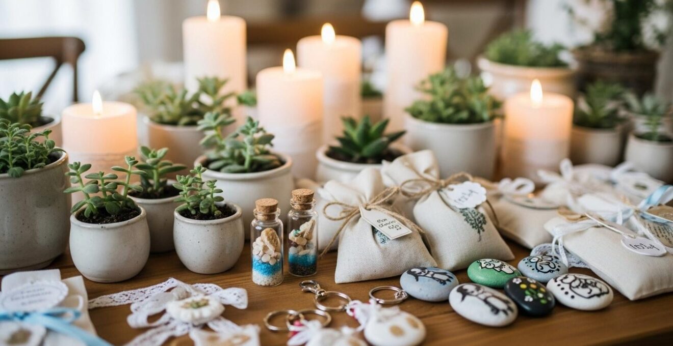Souvenirs de mariage DIY avec plantes en pot et objets personnalisés sur une table