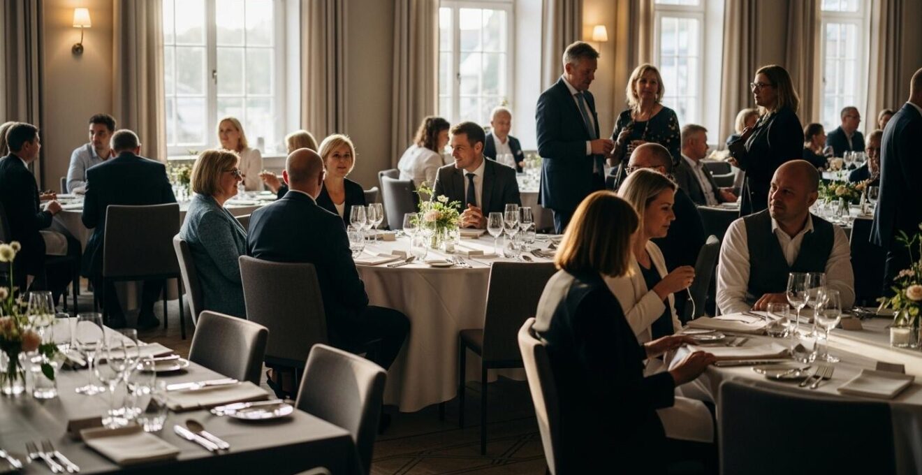 Photographie réaliste montrant un mariage avec des invités assis autour de tables arrangées harmonieusement