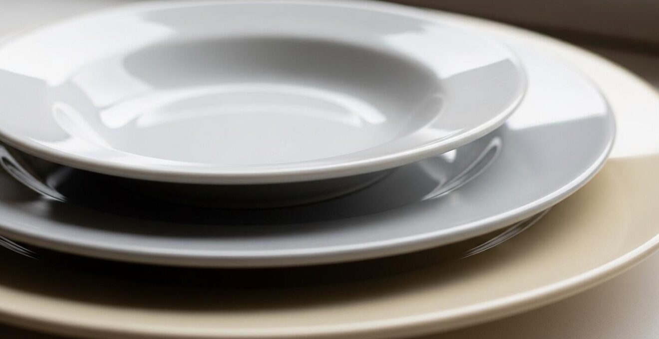 Gros plan sur une superposition élégante de trois assiettes de tailles différentes, sur une table de mariage avec nappes et couverts raffinés