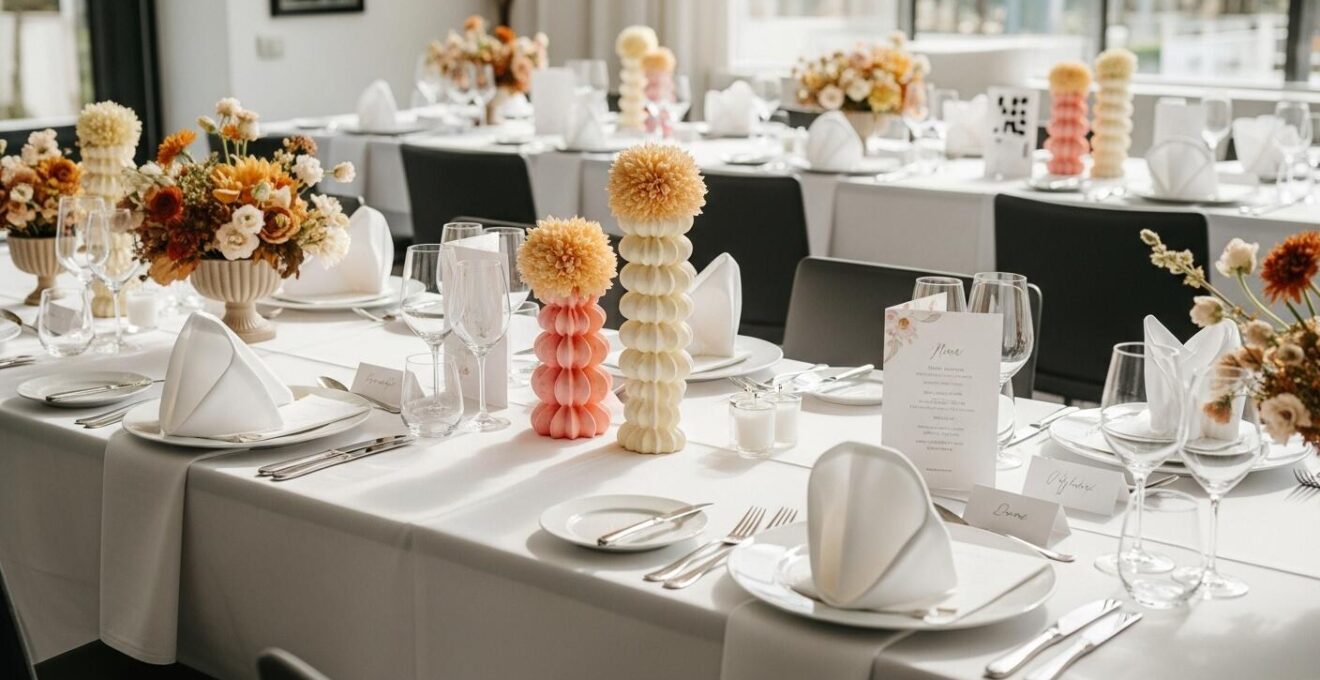 Photographie réaliste d'une table de mariage élégamment dressée avec vaisselle raffinée, décor floral et nappes harmonieuses en lumière naturelle
