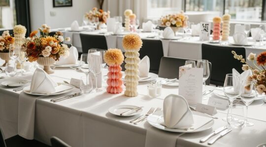 Photographie réaliste d'une table de mariage élégamment dressée avec vaisselle raffinée, décor floral et nappes harmonieuses en lumière naturelle
