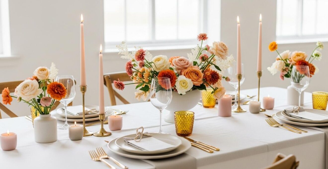 Une table de mariage élégamment dressée avec une décoration harmonieuse et colorée, invitant à la convivialité.