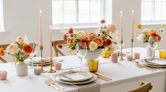 Une table de mariage élégamment dressée avec une décoration harmonieuse et colorée, invitant à la convivialité.
