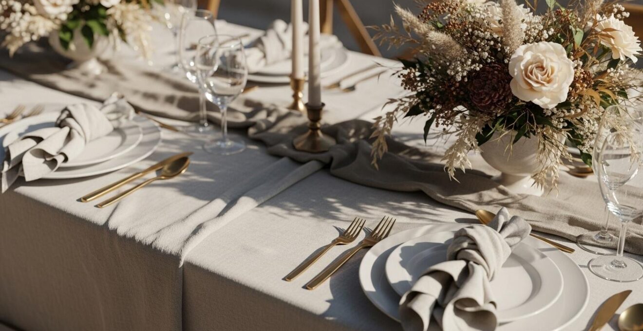 Une table de mariage élégante décorée avec des nappes et serviettes en lin et coton, avec centres de table floraux naturels.