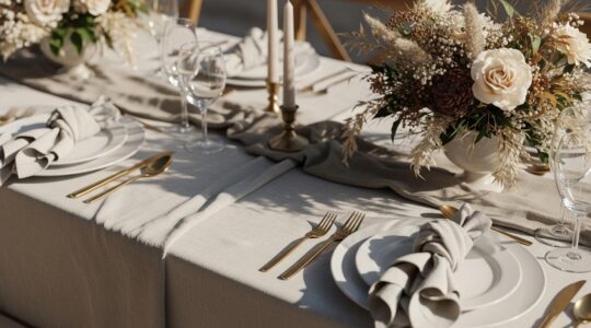 Une table de mariage élégante décorée avec des nappes et serviettes en lin et coton, avec centres de table floraux naturels.
