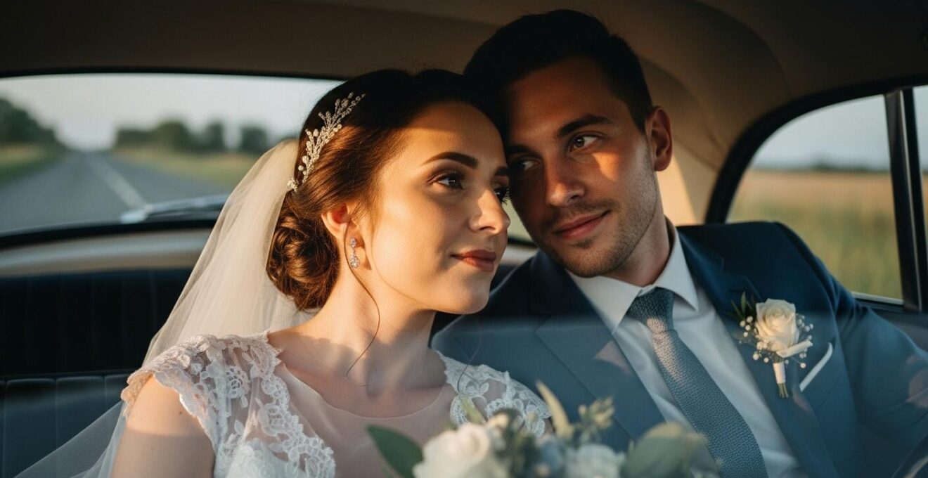 Couple de jeunes mariés dans une voiture de collection, moment intime et lumineux durant leur trajet de noces