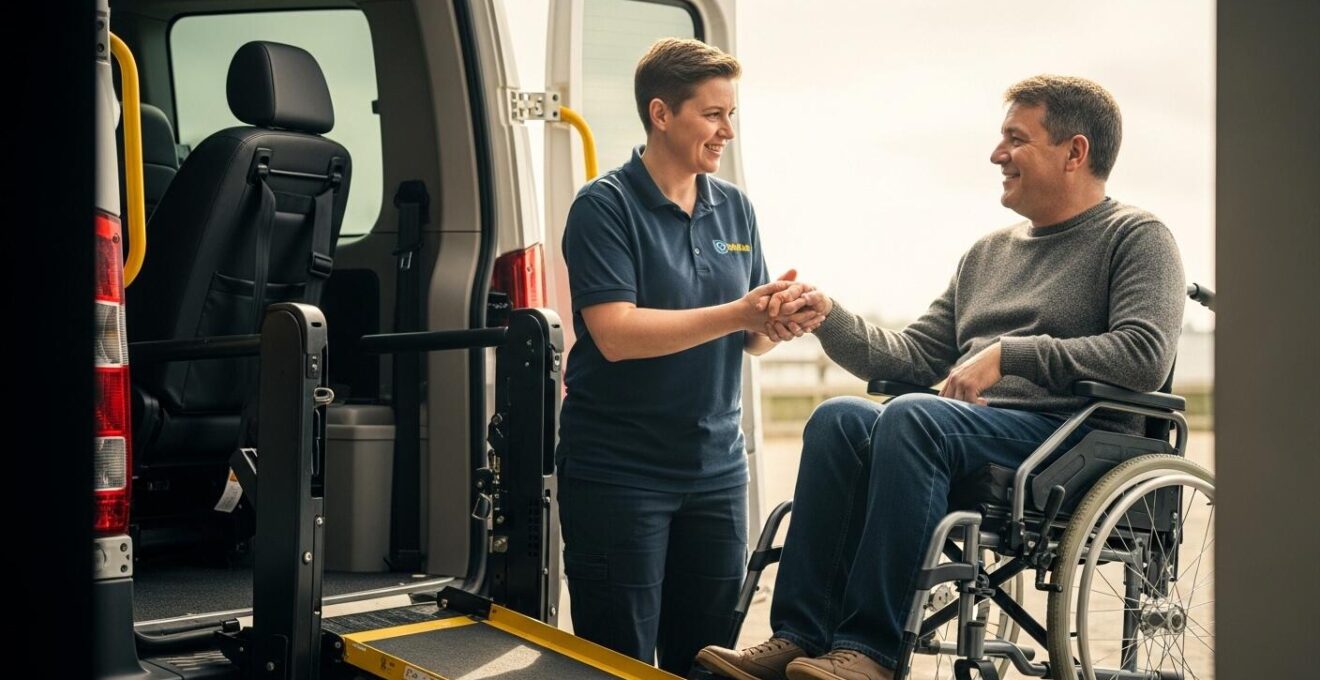 Véhicule adapté transportant une personne en fauteuil roulant vers un lieu de mariage