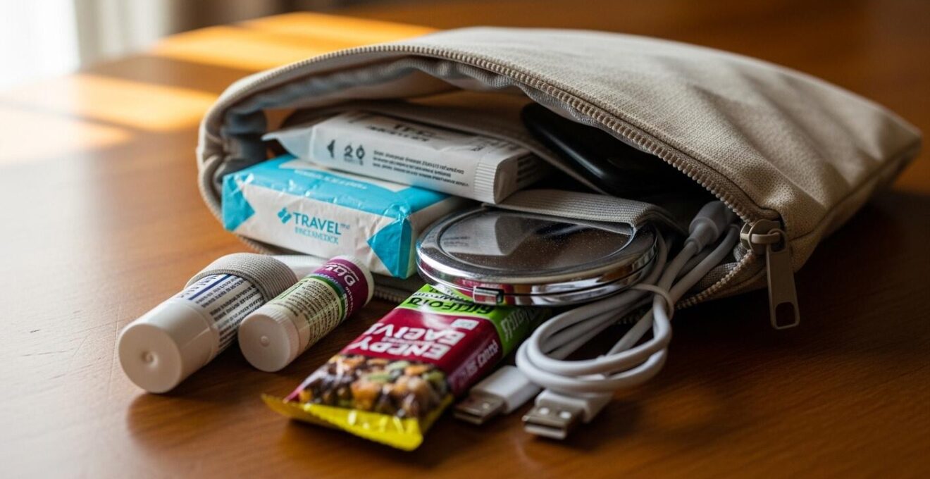 Photographie réaliste de la trousse d'urgence d’un couple de mariés contenant des accessoires essentiels