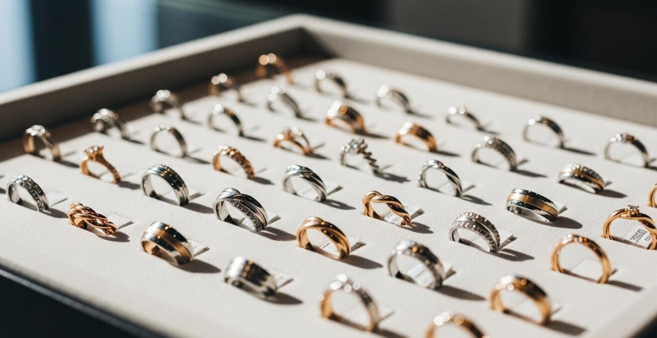 Photo d'une sélection variée d'alliances de mariage présentant différents styles, métaux et formes.