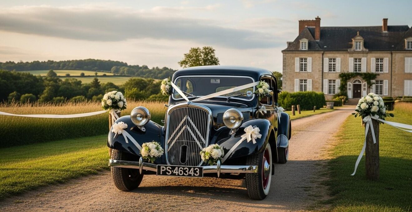 Photographie réaliste d'une voiture de collection vintage élégamment décorée de fleurs pour un mariage, sous une lumière naturelle douce