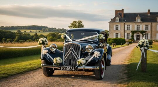 Photographie réaliste d'une voiture de collection vintage élégamment décorée de fleurs pour un mariage, sous une lumière naturelle douce