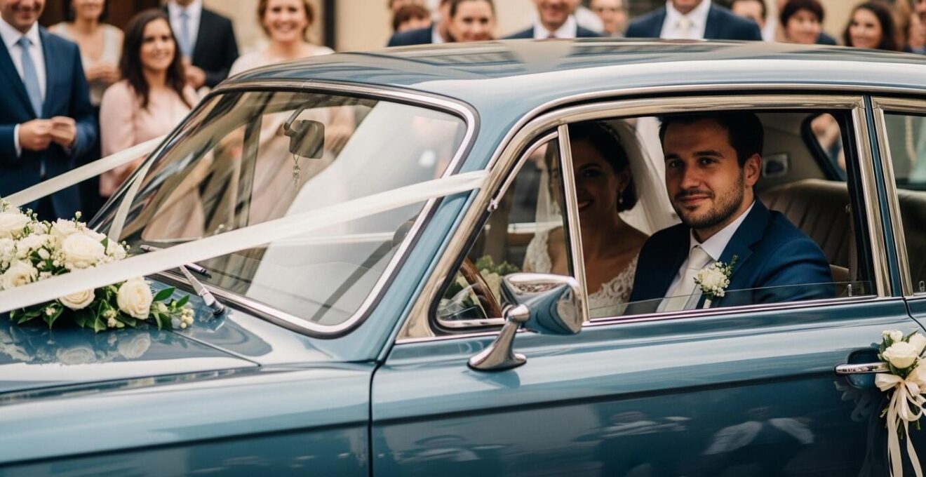 Photographie réaliste d'une voiture de mariage élégamment décorée en arrivée, avec lumière naturelle et ambiance romantique