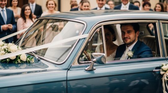 Photographie réaliste d'une voiture de mariage élégamment décorée en arrivée, avec lumière naturelle et ambiance romantique